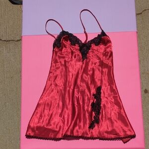 Frederick's of Hollywood Red Satin Chemise with Black Lace
